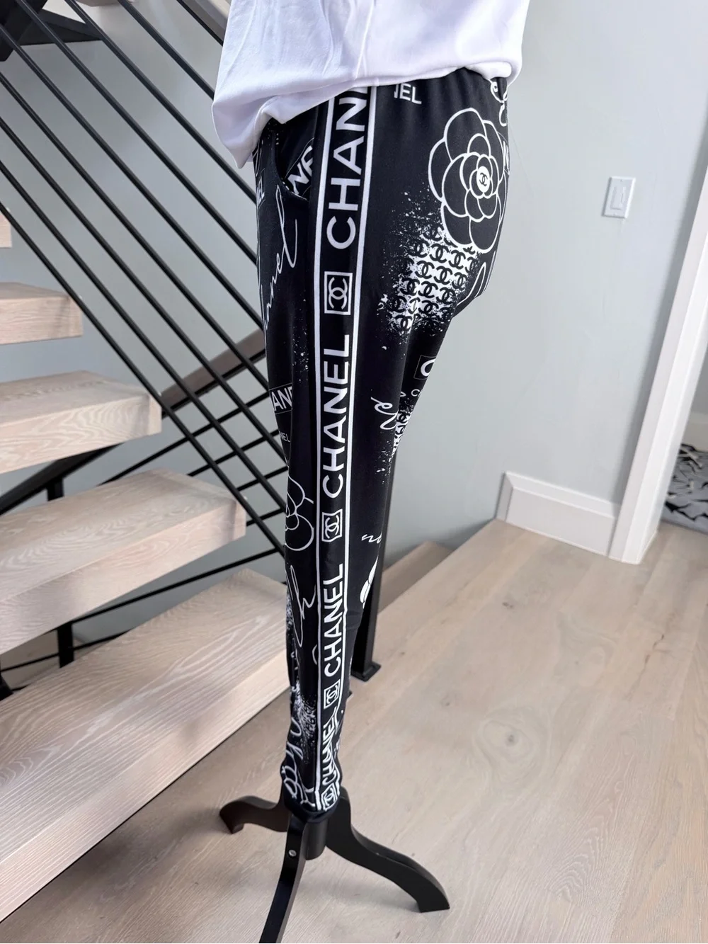 CHANEL White Tee with Black Logo & Black Printed Track Pants size S/M